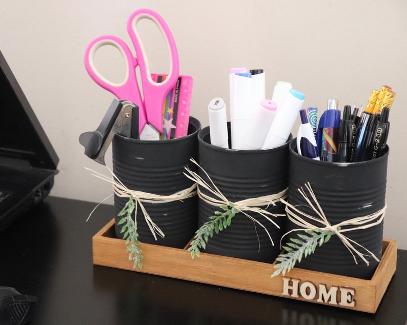 Tin can utensil holder with wood tray rustic utensil caddy Etsy