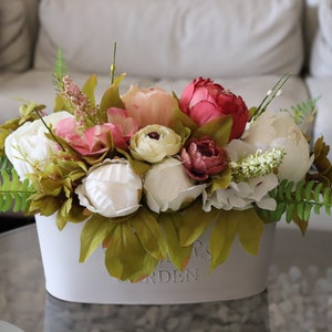 Handmade and unique centerpiece, modern arrangement with silk white and pink peonies, greenery