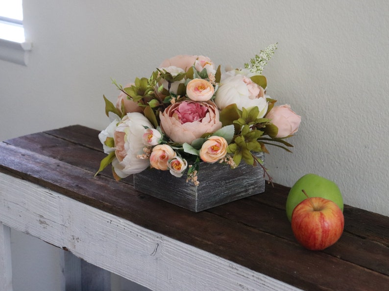 Silk Flowers in Wooden Box Rustic Centerpiece With Fake Peony Etsy
