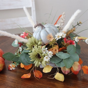 Fall floral arrangement,  pumpkin decor, , thanksgiving centerpiece,  fall table decor, in wooden box