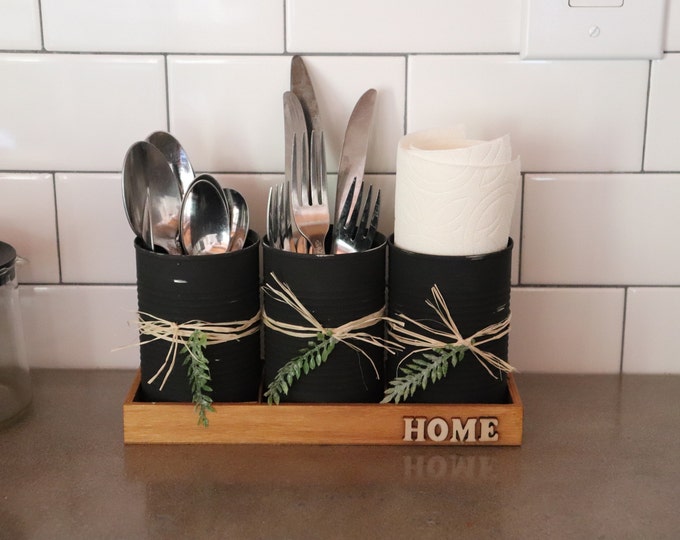 Tin Can Utensil Holder With Wood Tray Rustic Utensil Caddy Etsy