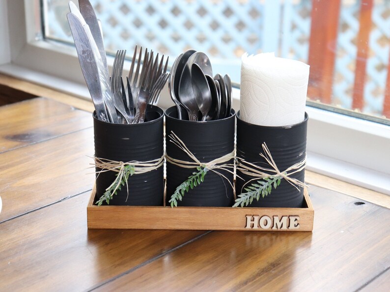 Tin can utensil holder with wood tray rustic utensil caddy Etsy