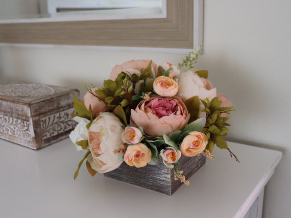 Silk Flowers in Wooden Box Rustic Centerpiece With Fake Peony