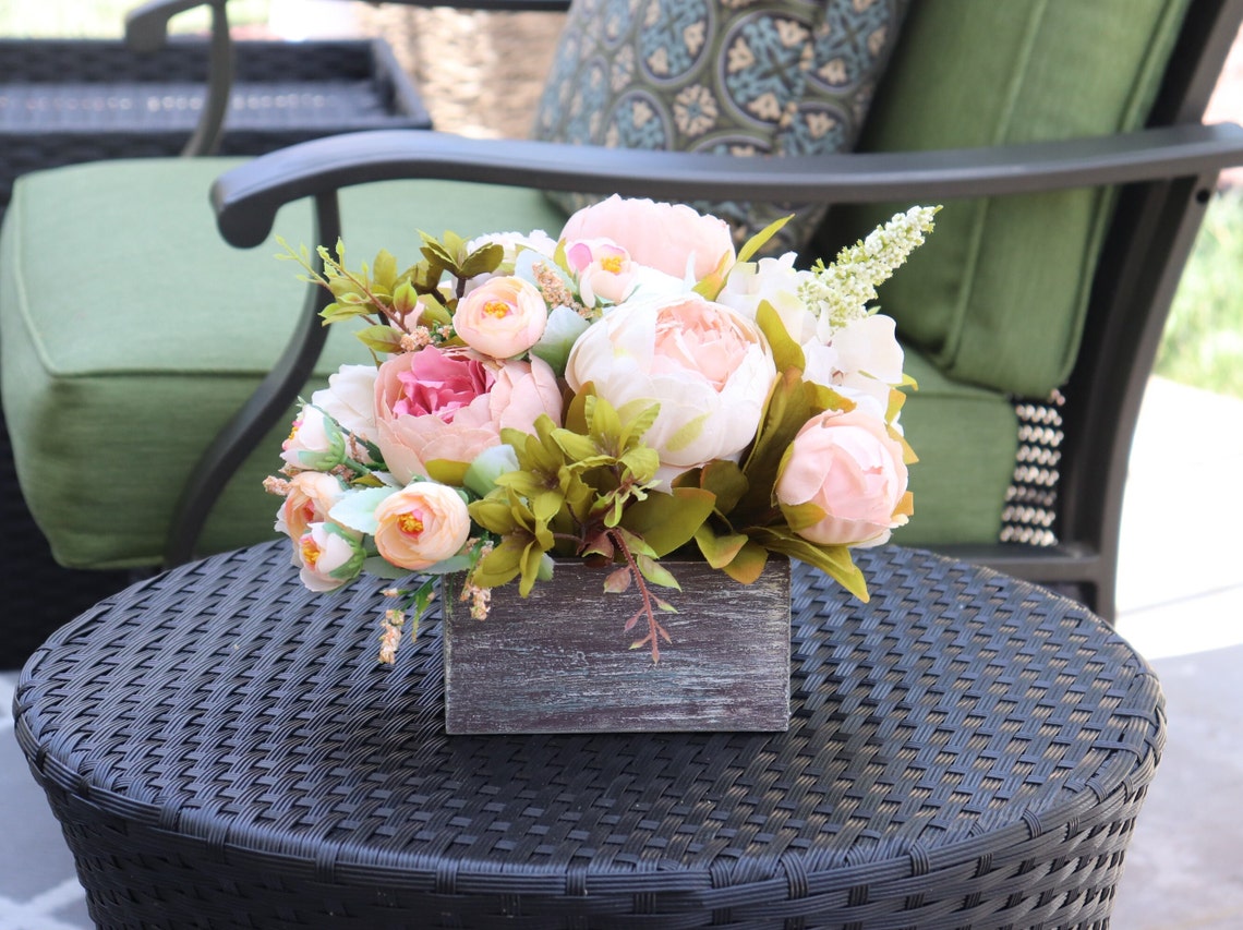 Silk Flowers in Wooden Box Rustic Centerpiece With Fake Peony Etsy