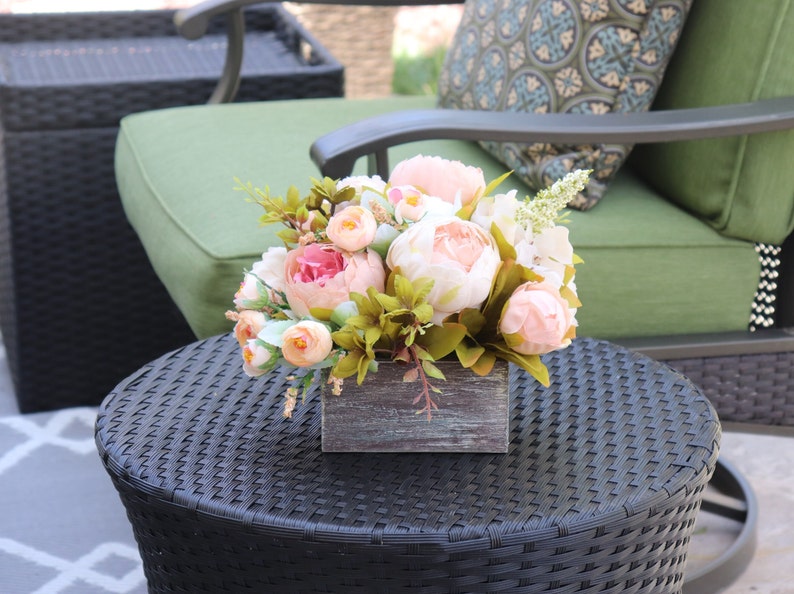 Silk Flowers in Wooden Box Rustic Centerpiece With Fake Peony Etsy