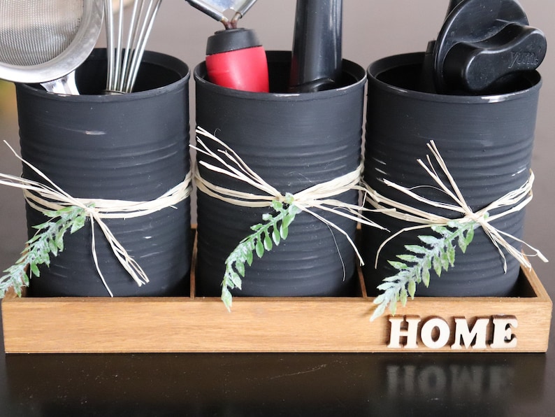 Tin can utensil holder with wood tray rustic utensil caddy Etsy