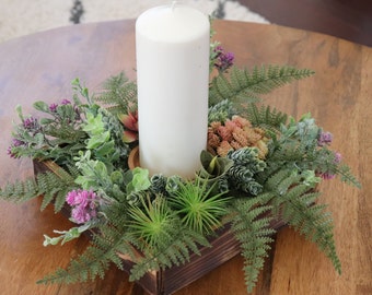 Succulent candle holder arrangement, greenery centerpiece, farmhouse decor, floral arrangement