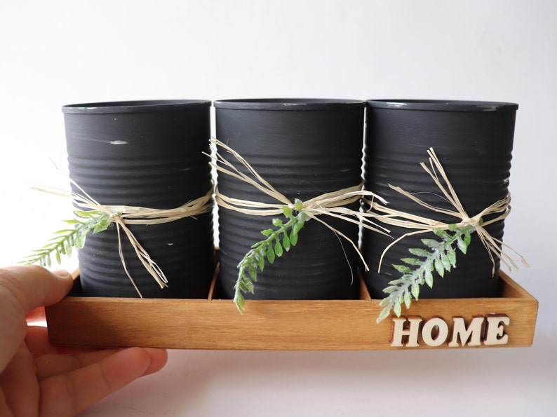 Tin can utensil holder with wood tray rustic utensil caddy Etsy