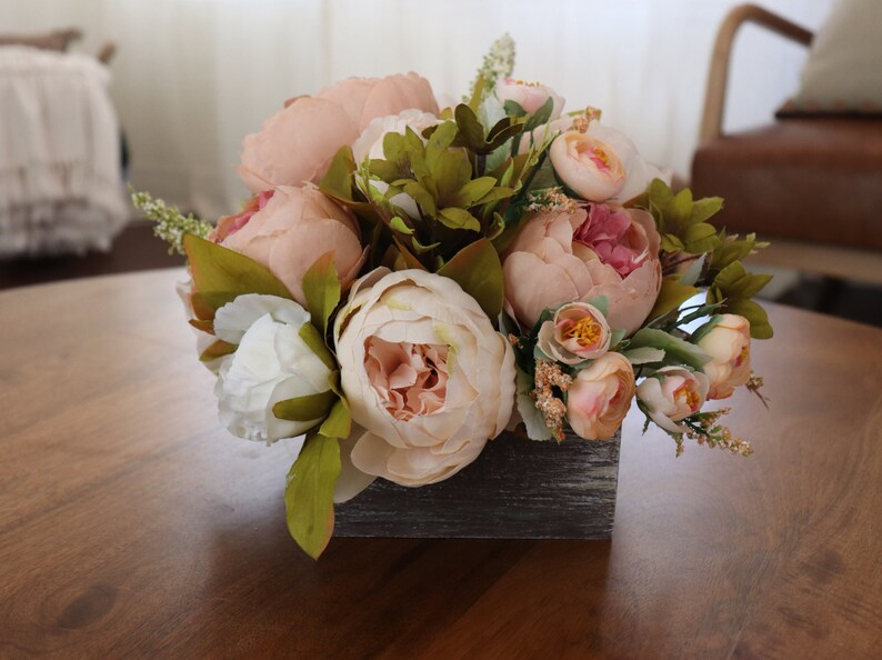 Silk Flowers in Wooden Box Rustic Centerpiece With Fake Peony Etsy