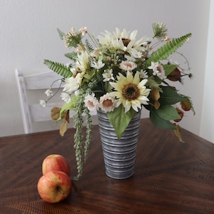 Galvanized  metal tall vase with  silk sunflowers centerpiece, table centerpiece,  farmhouse table decor, fall arrangement