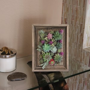 Wooden framed floral arrangement with fake succulent,  greenery and moss, wall decor, table decor