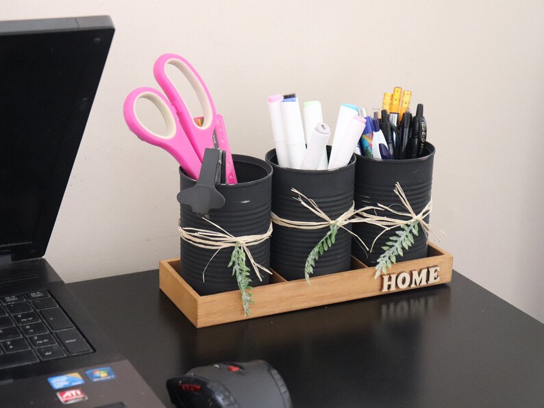 Tin can utensil holder with wood tray rustic utensil caddy Etsy