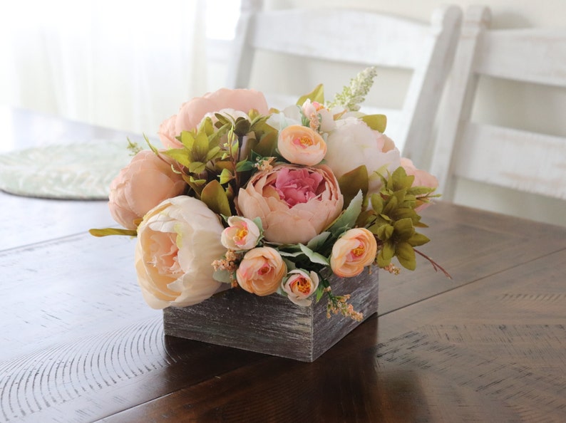 Silk Flowers in Wooden Box Rustic Centerpiece With Fake Peony Etsy