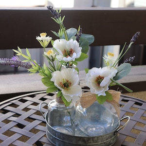 Galvanized round metal tray with set of 3 glass bottles with rope and faux flowers centerpiece, farmhouse table decor, spring arrangement