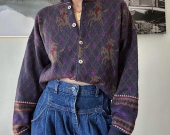 90s  vintage knit sweater with horse print  Vintage 90s Fairy Cabincore twee Abstract goblincore cardigan