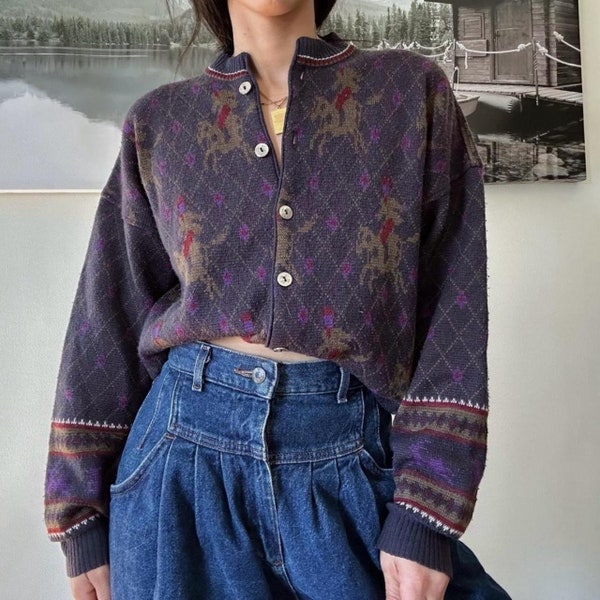90s  vintage knit sweater with horse print  Vintage 90s Fairy Cabincore twee Abstract goblincore cardigan