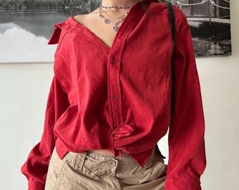 oversized soft red button up shirt