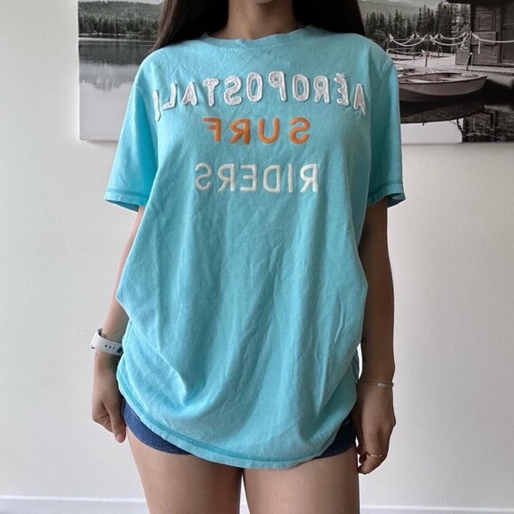 y2k 2000s Aeropostale light blue embroidered long graphic tee boyfriend t shirt