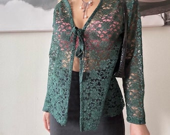 y2k vintage whimsigoth green fairy grunge floral lace flirty tie cardigan