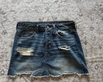 Y2k Distressed denim mini skirt raw hem low rise streetwear preppy mini jean skirt by AEO