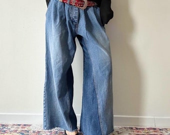 Vintage 90s Patched one of a kind flare baggy belted denim