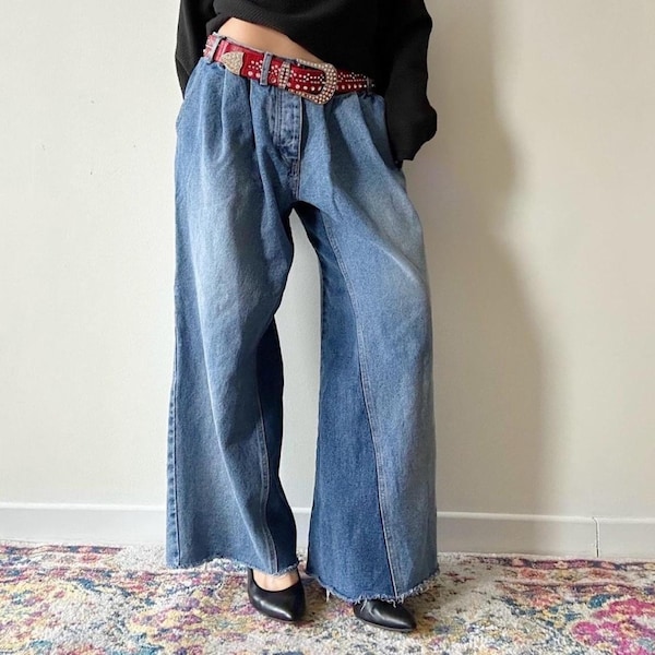 Vintage 90s Patched one of a kind flare baggy belted denim