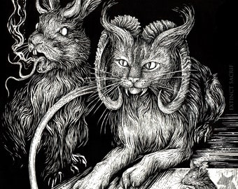 May include: Black and white illustration of a demonic rabbit with horns, a demonic cat with horns, and a small mouse holding a heart. The rabbit is smoking and the cat has a menacing expression. The background is black with a few white moths flying around.