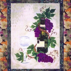May include: A painting of a wine bottle and a wine glass with grapes and vines. The bottle is green and has a label. The glass is clear and empty. The grapes are purple and the vines are green.