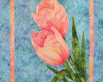 May include: Two pink tulips with green leaves against a blue and white background. The tulips are framed in a peach colored border.