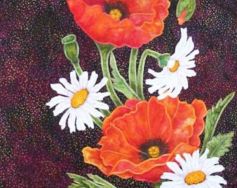 May include: A close-up of a bouquet of red poppies and white daisies against a dark background with a speckled pattern. The flowers are in full bloom and have green stems and leaves.