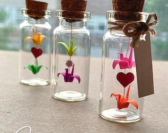Mini Origami Crane in Glass Bottle with Heart Personalized Gift Paper Anniversary Love Message Keepsake For Couple  Romantic Origami