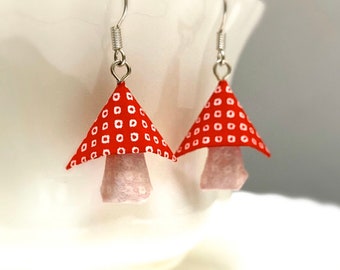 925 Mushroom Earrings, Magical Gift, Mushroom Gift, Japanese Paper, Origami Mushroom, Lovers Gift, Love Gift, Handmade Jewelry, Hook