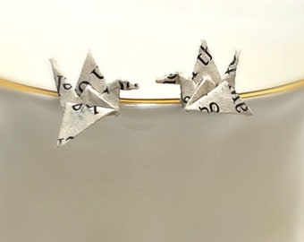 925 Silver, Crane Earrings, Paper Earrings, Crane Origami ,Earrings, Book Paper, Book Lovers, Crane Studs, Studs Earrings