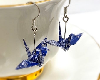 925 Silver Drop Crane Earrings Washi Paper Earrings Crane Earrings Origami Jewelry Japanese Paper Blue Gift