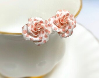 925 silver, Red Dots, Paper Earrings, Rose Studs, Rose Origami, Rose Gift, Colorful Earrings
