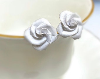 925 Silver White Paper Earrings Rose Studs Rose Origami Lovers Gift Pure Lover