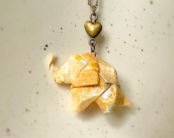 Elephant Pendant, Elephant Origami, Japanese Paper, Elephant Pendant, Long Necklace, Golden Pedant, 1st First Anniversary, Washi Paper
