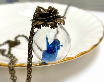 Crane Pendant, Paper Pendant, Luck Necklaces, Bronze Pendant, Rose Necklace, Origami Jewlery, Japanses Paper