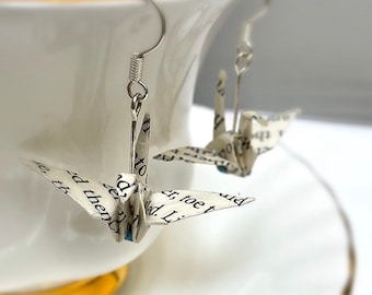 925 Silver, Drop Crane Earrings, Book Paper Earrings, Crane Earrings , Origami Jewelry, Paper, Book  Lover Gift