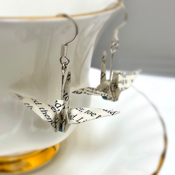 925 Silver, Drop Crane Earrings, Book Paper Earrings, Crane Earrings , Origami Jewelry, Paper, Book  Lover Gift