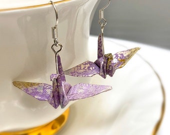 925 Silver, Drop Crane Earrings, Washi Paper Earrings, Crane Earrings , Origami Jewelry, Japanese Paper, Purple Gift