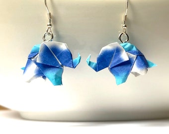 925 Elephant Earrings, Elephant Gift, Blue and White Paper, Origami Elephant, Paper Lovers Gift, Love Gift, Handmade Jewelry, Hook Earrings