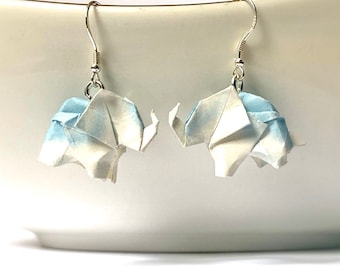 925, Elephant Earrings, Elephant Gift, Blue and White Paper, Origami Elephant, Paper Lovers Gift, Love Gift, Handmade Jewelry, Hook Earrings
