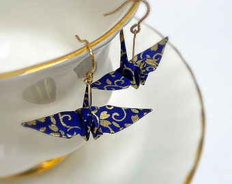 925 Silver Drop Crane Earrings Washi Paper Earrings Crane Earrings Origami Jewelry Japanese Paper Blue Gift