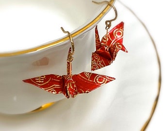 Drop Crane Earrings, Golen Paper Earrings, Crane Earrings , Origami Jewelry, Japanese Paper, Red Gift