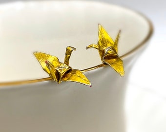 925 Silver, Crane Earrings, Golden Paper Earrings, Crane Earrings , Origami Jewelry, Japanese Paper, Yellow Gift