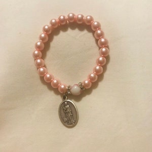 St Agatha Pink Ribbon, Glass Pink Pearls Rosary Bracelet, Patron Saint of Breast Cancer, Italian Made, Oxidized Silver Saint Medal