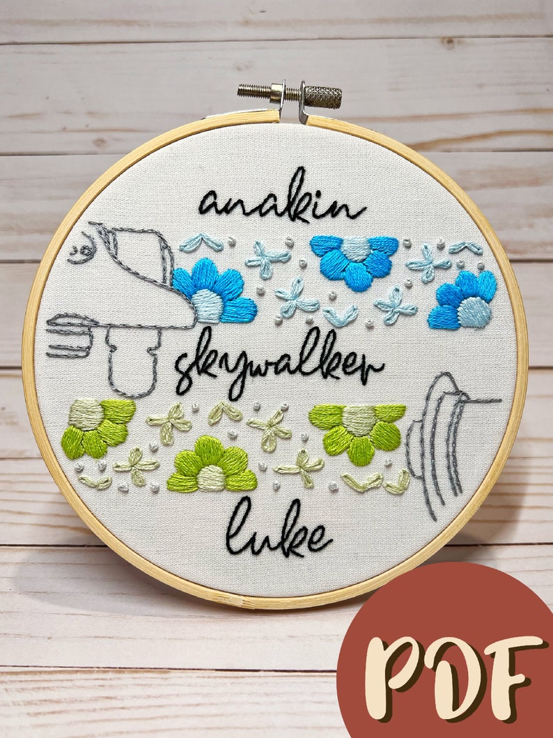 May include: Embroidered hoop art with the text "anakin skywalker luke" in black cursive. The hoop features a stylized drawing of a spaceship with blue and green flowers surrounding it.