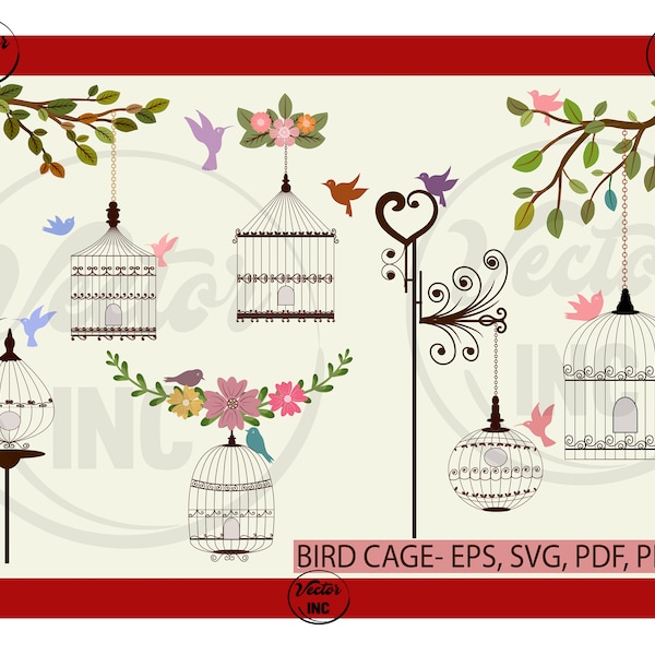 BIRD CAGE ClipArt. Set Bird Cage SVG, Flowers Clip Art. Wreath Clipart. Flowers Vector, Commercial Use. Flowers Invitation Instant Download