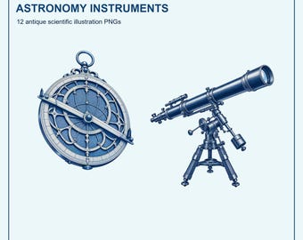 Conjunto de ilustrações científicas transparentes com cianotipia de instrumentos astronômicos, incluindo telescópios e astrolábios antigos.